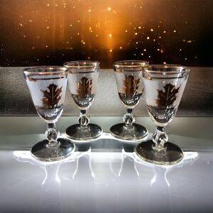 4‎ Libbey Autumn Golden Foliage Cordial Glasses Gold Leaves Mad Men MCM Frosted